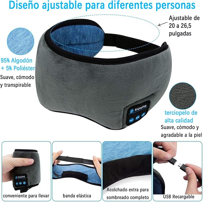 Audífonos Para Dormir Antifaz Bluetooth Recargable Largo Uso