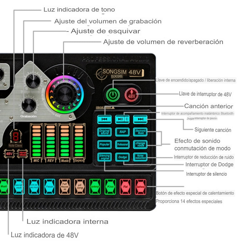 Mezclador Tarjeta De Sonido Bluetooth Phantom 48v Luces Rgb